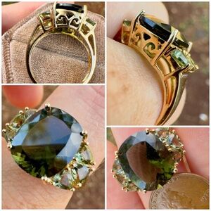 Solid 10k gold genuine moldavite/peridot high end ring